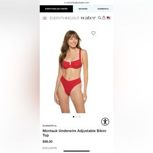 NWT - Summerful: Red Montauk Underwire Adjustable Bikini top LARGE